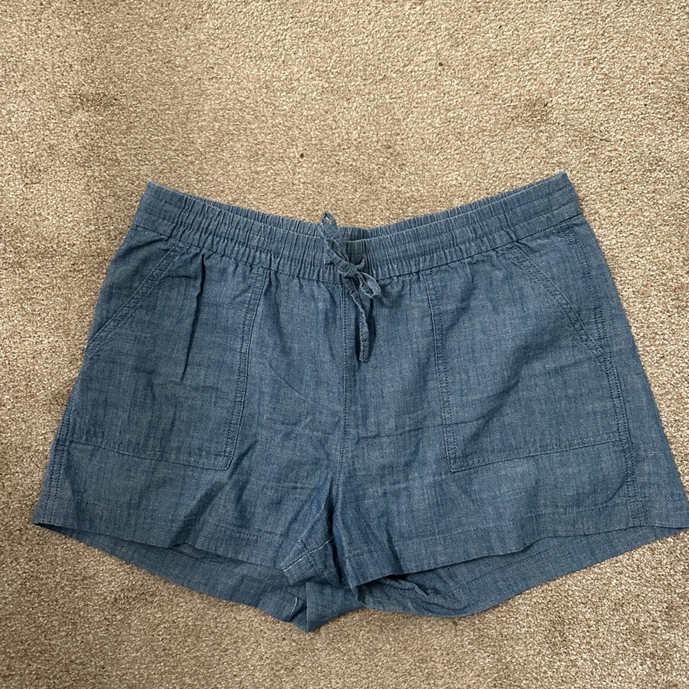 J. Crew Chambray Drawstring High-Waist Shorts — Blue